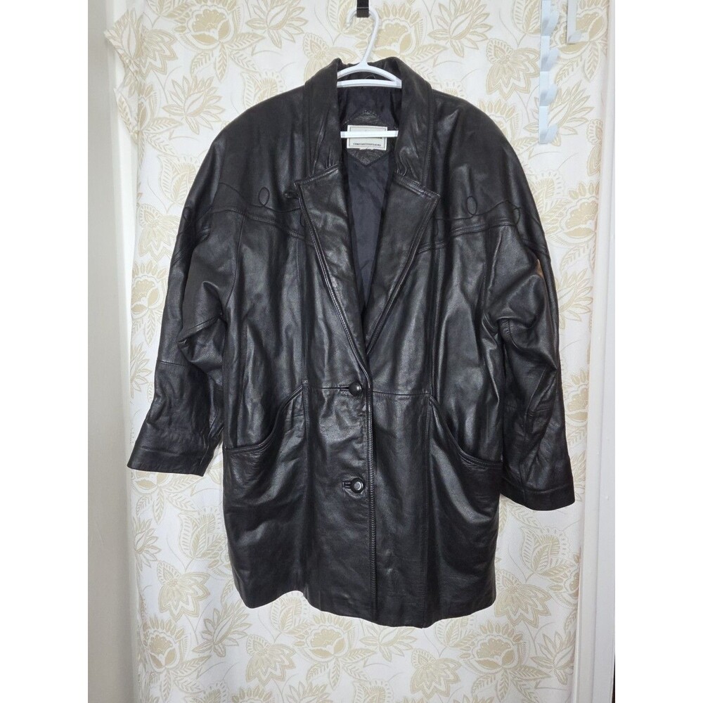 FITZ WRIGHT VTG WOMENS Black 100% Leather Jacket XL 80s BATWING RARE OVERSIZED